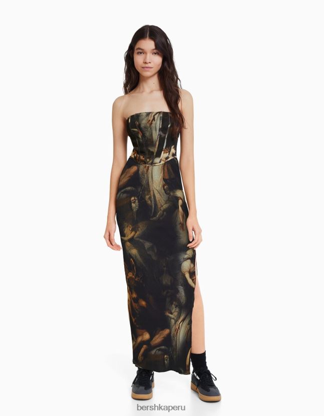negro Bershka mujer vestido midi de tul con estampado art series 806J6B262