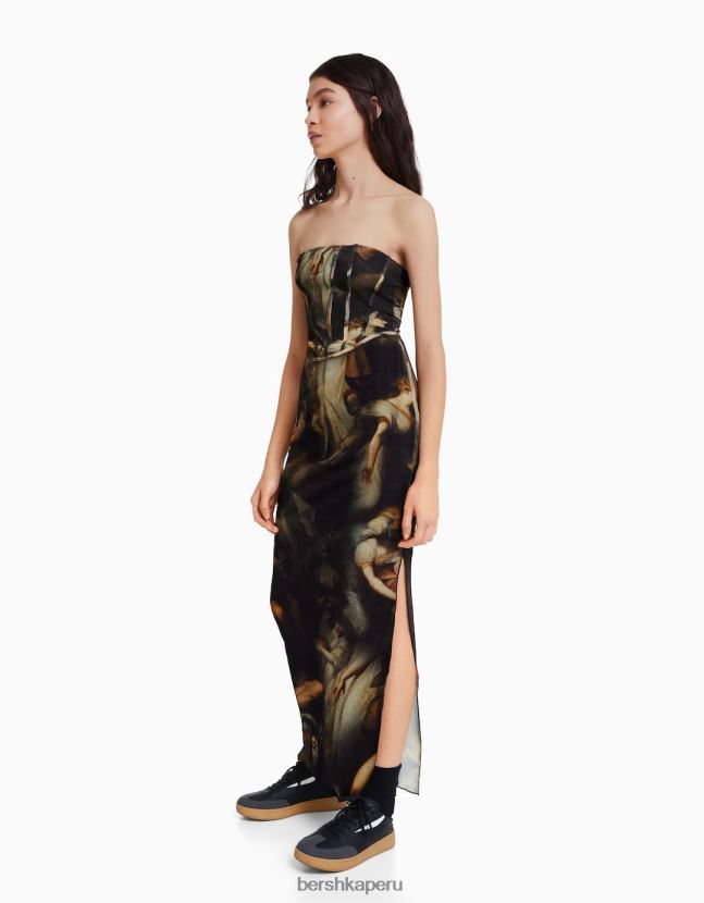 negro Bershka mujer vestido midi de tul con estampado art series 806J6B262
