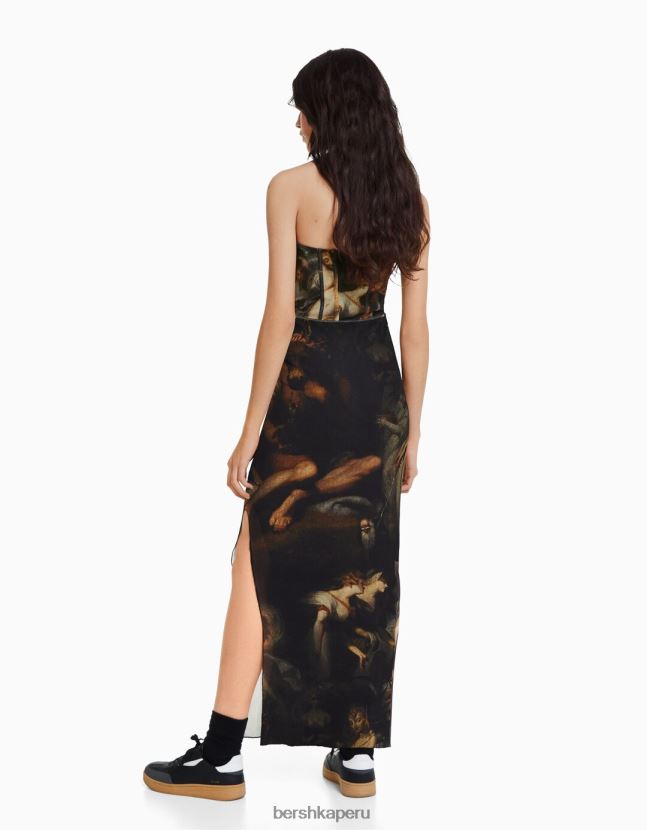 negro Bershka mujer vestido midi de tul con estampado art series 806J6B262