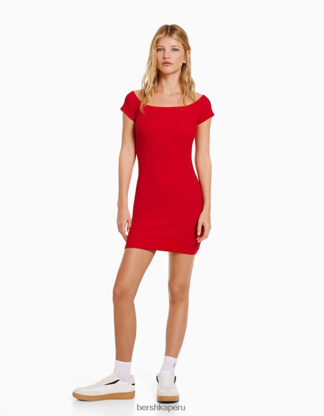 rojo Bershka mujer mini vestido de manga corta con hombros descubiertos 806J6B207