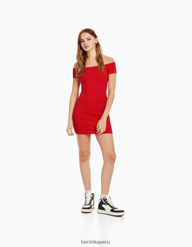 rojo Bershka mujer mini vestido de manga corta con hombros descubiertos 806J6B4068