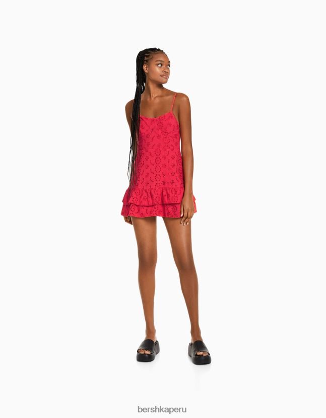 rojo Bershka mujer minivestido con volantes y bordado suizo 806J6B116