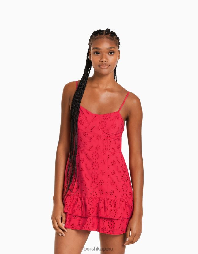 rojo Bershka mujer minivestido con volantes y bordado suizo 806J6B116