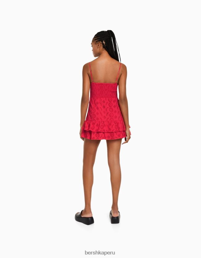 rojo Bershka mujer minivestido con volantes y bordado suizo 806J6B116