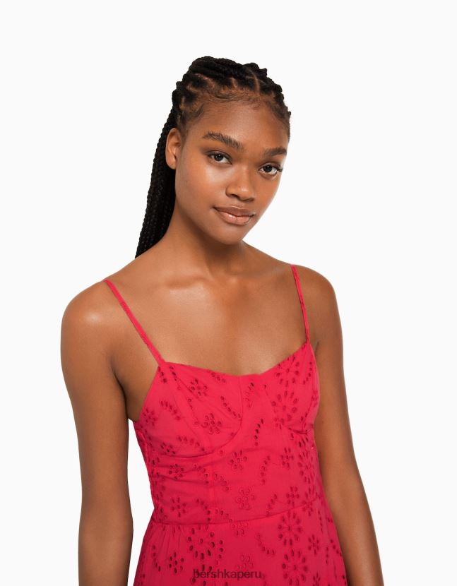 rojo Bershka mujer minivestido con volantes y bordado suizo 806J6B116