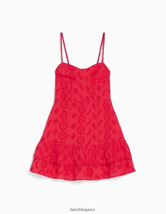 rojo Bershka mujer minivestido con volantes y bordado suizo 806J6B4092
