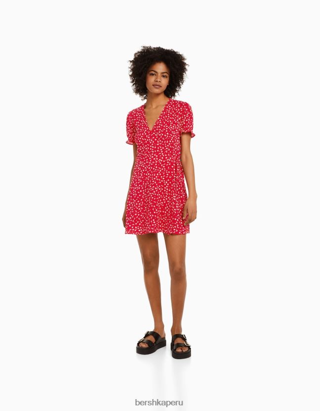 rojo Bershka mujer vestido corto texturizado con estampado floral 806J6B279