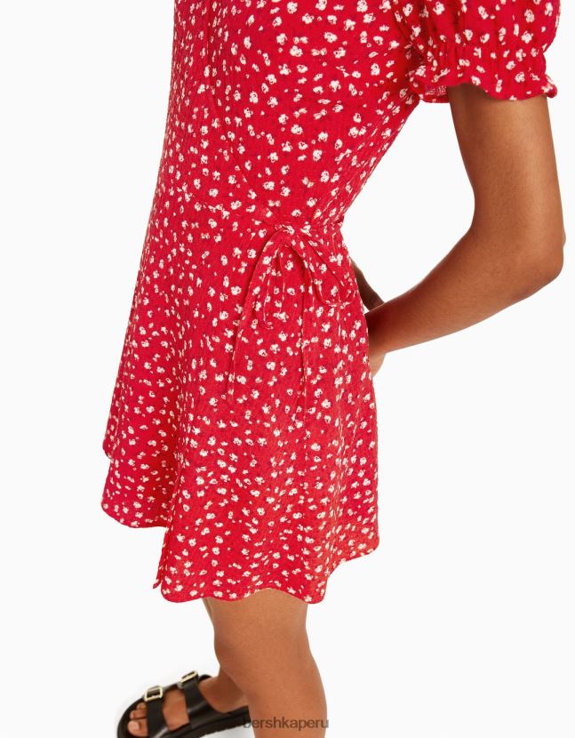 rojo Bershka mujer vestido corto texturizado con estampado floral 806J6B279