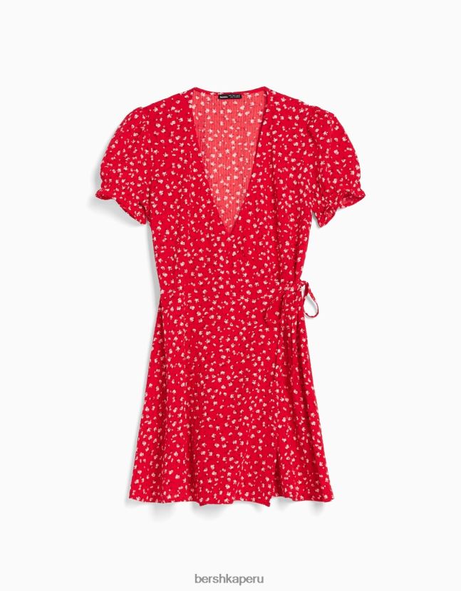 rojo Bershka mujer vestido corto texturizado con estampado floral 806J6B279