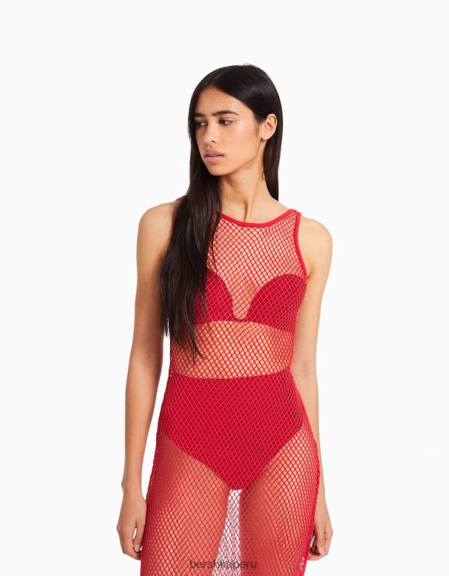 rojo Bershka mujer vestido largo de malla con tirantes 806J6B136