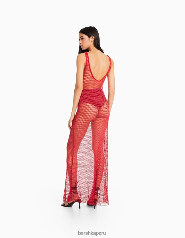 rojo Bershka mujer vestido largo de malla con tirantes 806J6B136