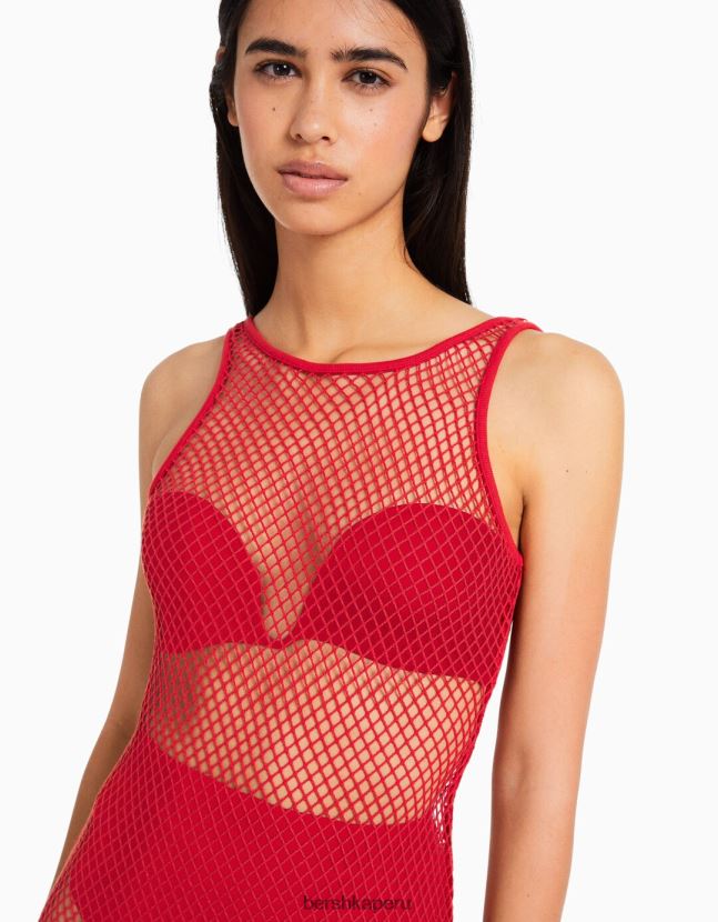 rojo Bershka mujer vestido largo de malla con tirantes 806J6B136