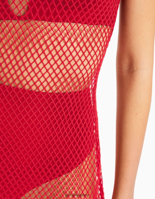 rojo Bershka mujer vestido largo de malla con tirantes 806J6B136