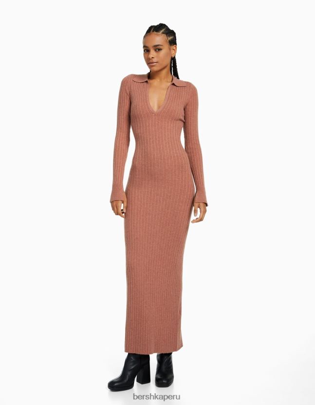 rojo Bershka mujer vestido largo de punto con cuello de polo 806J6B254