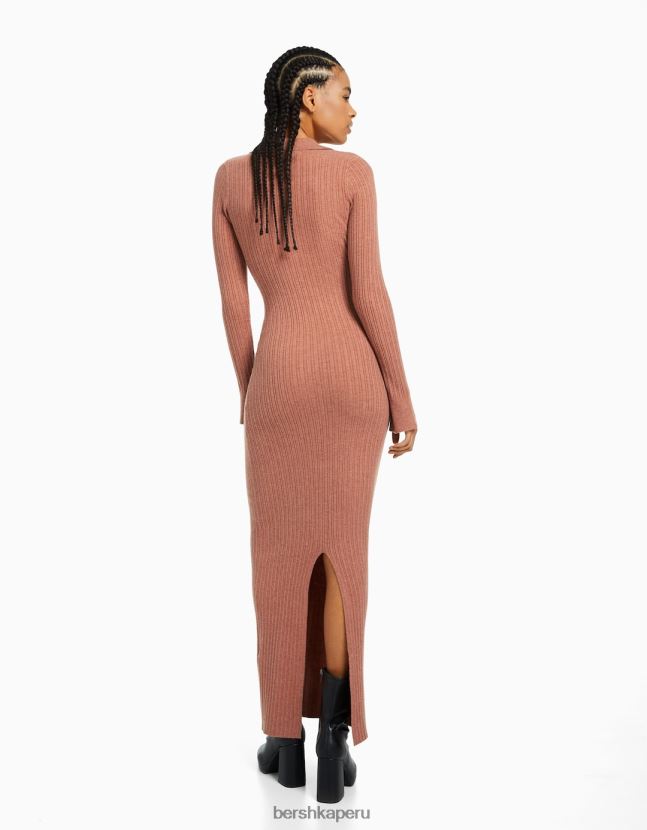 rojo Bershka mujer vestido largo de punto con cuello de polo 806J6B254