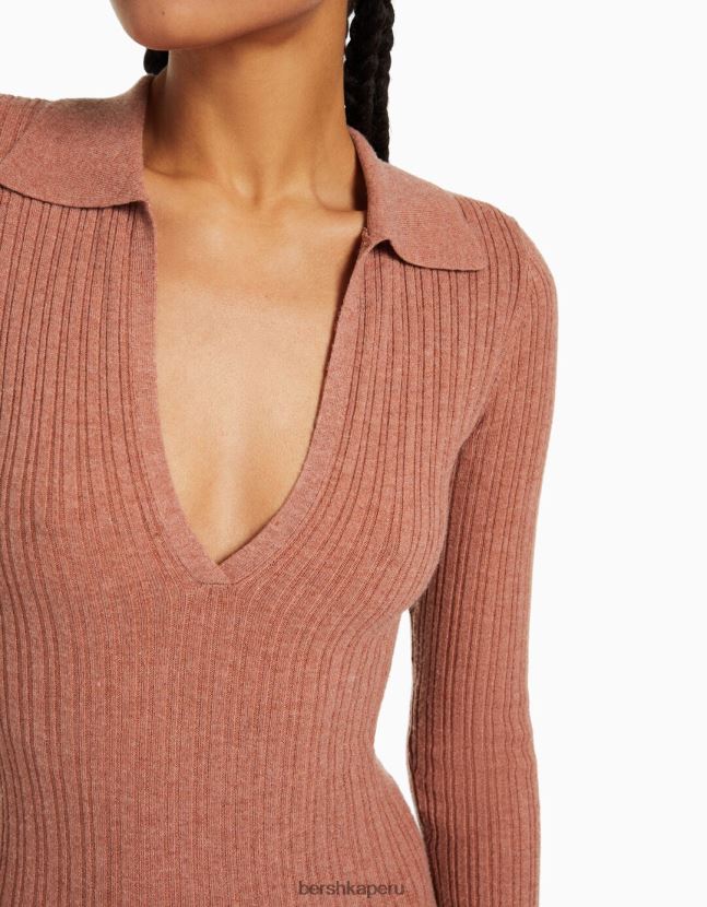 rojo Bershka mujer vestido largo de punto con cuello de polo 806J6B254