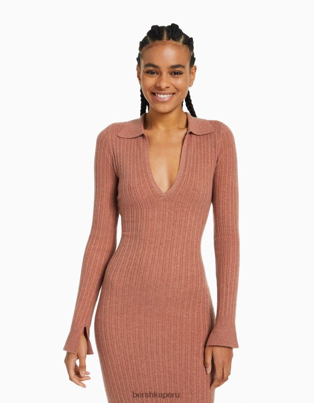 rojo Bershka mujer vestido largo de punto con cuello de polo 806J6B254