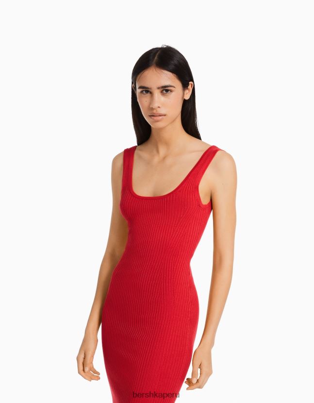 rojo Bershka mujer vestido midi de canalé con tiras 806J6B103
