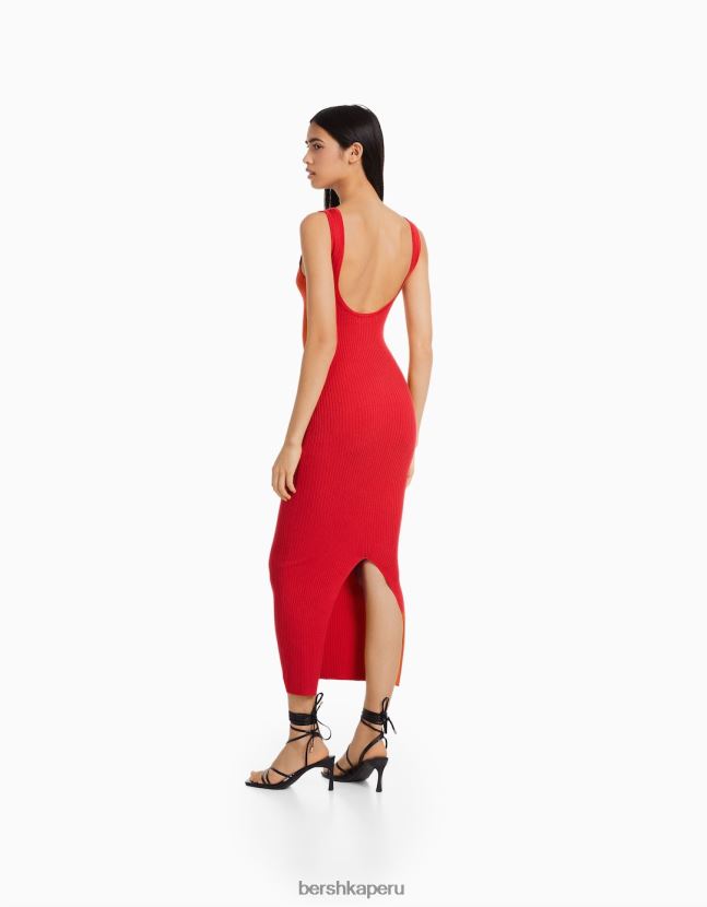 rojo Bershka mujer vestido midi de canalé con tiras 806J6B103