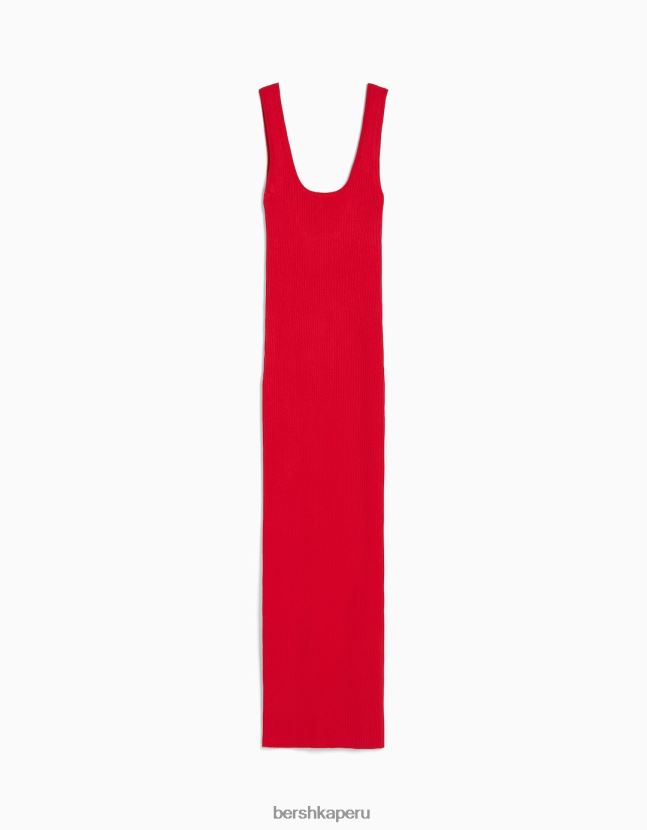rojo Bershka mujer vestido midi de canalé con tiras 806J6B103