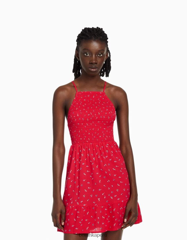 rojo Bershka mujer vestido mini estampado con cuello halter 806J6B271
