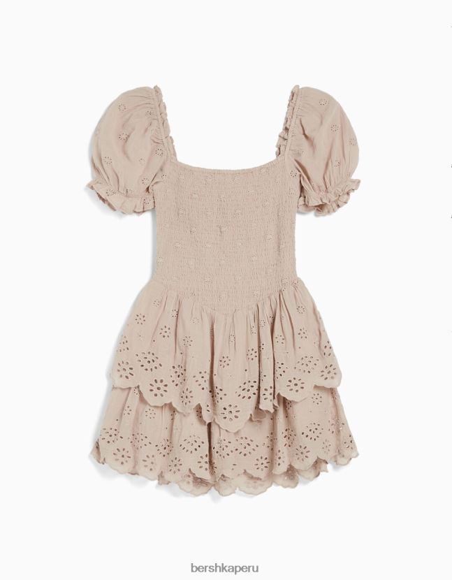 rosa Bershka mujer mini vestido de manga corta con bordado suizo y volantes 806J6B180