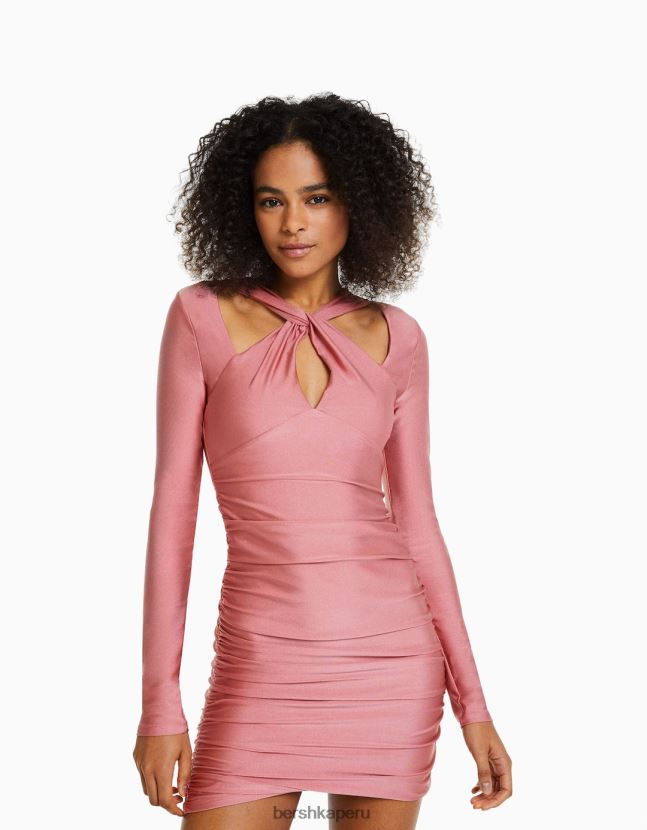 rosa Bershka mujer mini vestido de manga larga con tirantes cruzados 806J6B213