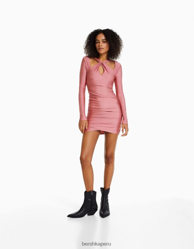 rosa Bershka mujer mini vestido de manga larga con tirantes cruzados 806J6B213