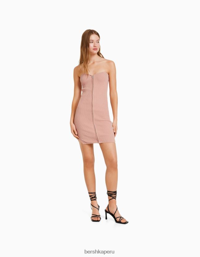 rosa Bershka mujer mini vestido de punto con cremallera y hombros descubiertos 806J6B175