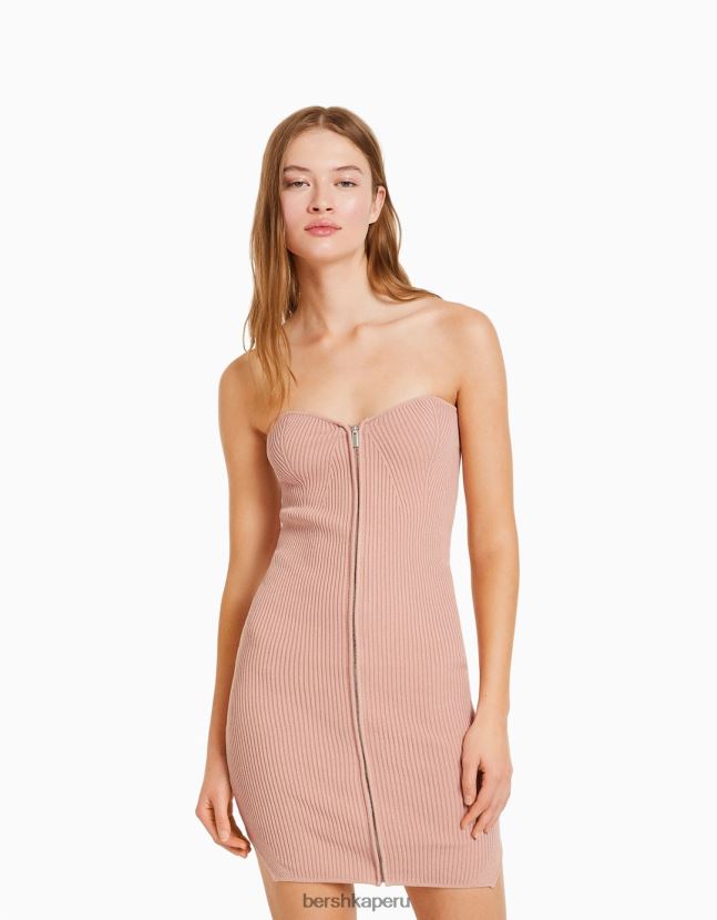 rosa Bershka mujer mini vestido de punto con cremallera y hombros descubiertos 806J6B175
