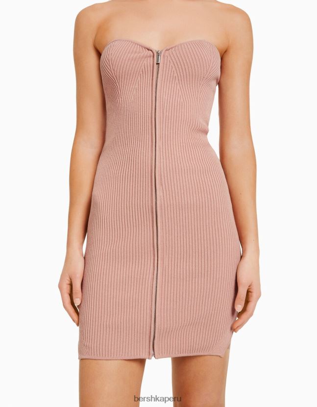 rosa Bershka mujer mini vestido de punto con cremallera y hombros descubiertos 806J6B175