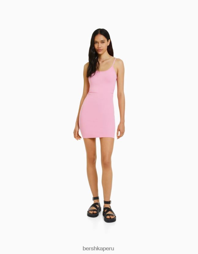 rosa Bershka mujer mini vestido de tiras con lado fruncido 806J6B154