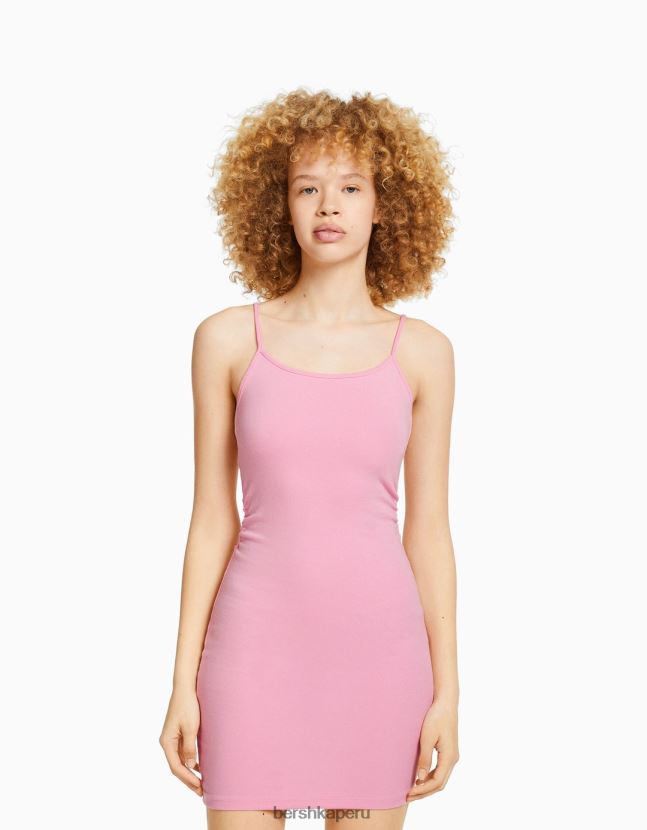 rosa Bershka mujer mini vestido de tiras con lado fruncido 806J6B4072