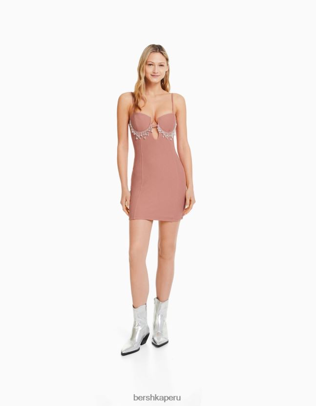 rosa Bershka mujer minivestido ajustado de tiras con detalles de perlas de imitación 806J6B222