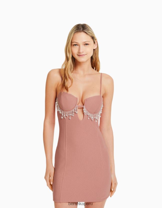 rosa Bershka mujer minivestido ajustado de tiras con detalles de perlas de imitación 806J6B222
