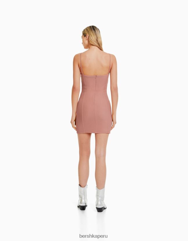 rosa Bershka mujer minivestido ajustado de tiras con detalles de perlas de imitación 806J6B222