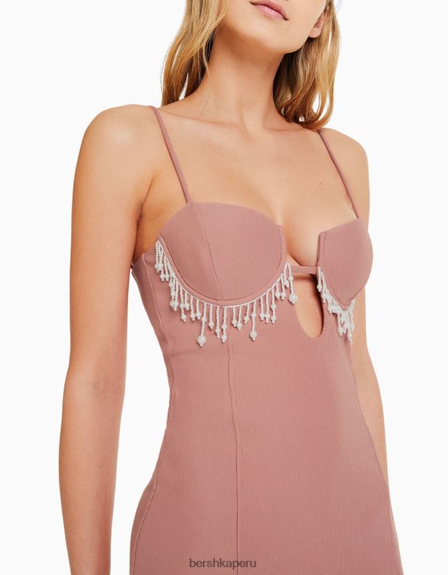 rosa Bershka mujer minivestido ajustado de tiras con detalles de perlas de imitación 806J6B222