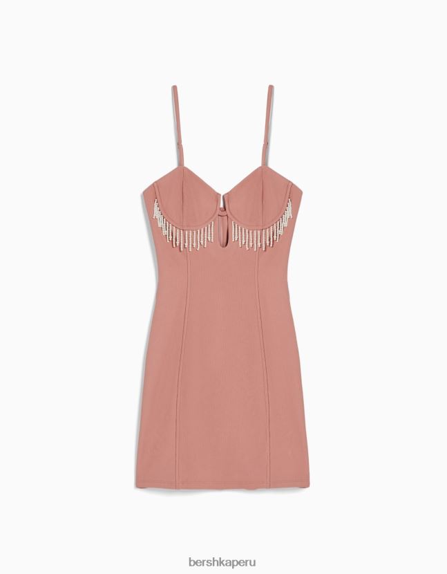 rosa Bershka mujer minivestido ajustado de tiras con detalles de perlas de imitación 806J6B222