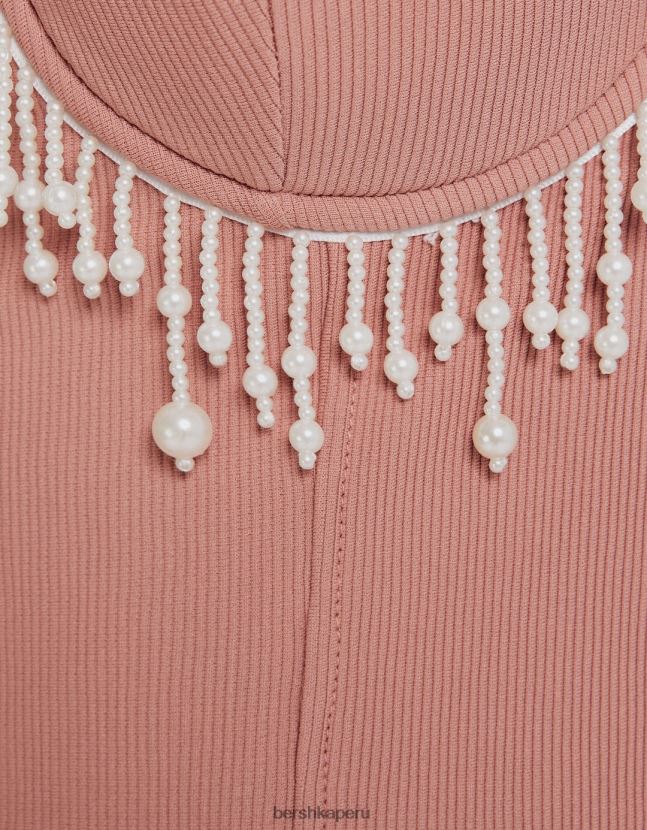 rosa Bershka mujer minivestido ajustado de tiras con detalles de perlas de imitación 806J6B222