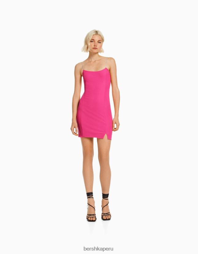 rosa Bershka mujer minivestido de tiras con strass y cordones de canalé 806J6B134
