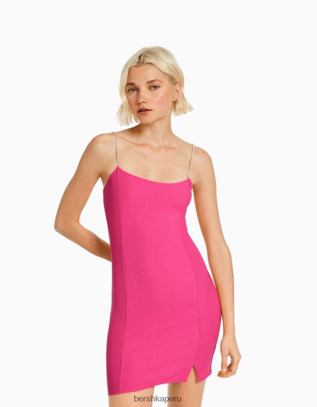 rosa Bershka mujer minivestido de tiras con strass y cordones de canalé 806J6B134