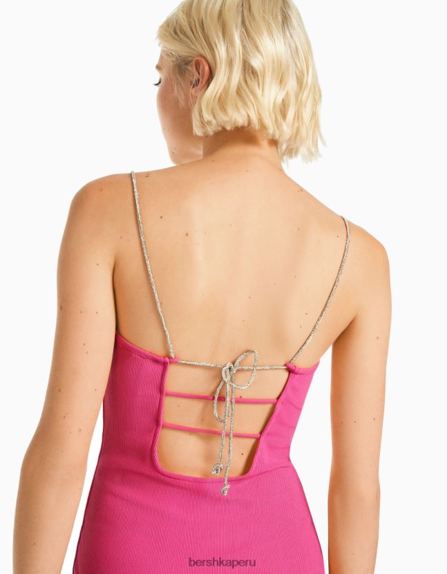 rosa Bershka mujer minivestido de tiras con strass y cordones de canalé 806J6B134