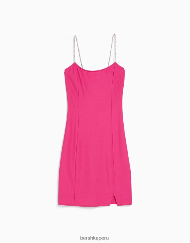 rosa Bershka mujer minivestido de tiras con strass y cordones de canalé 806J6B134