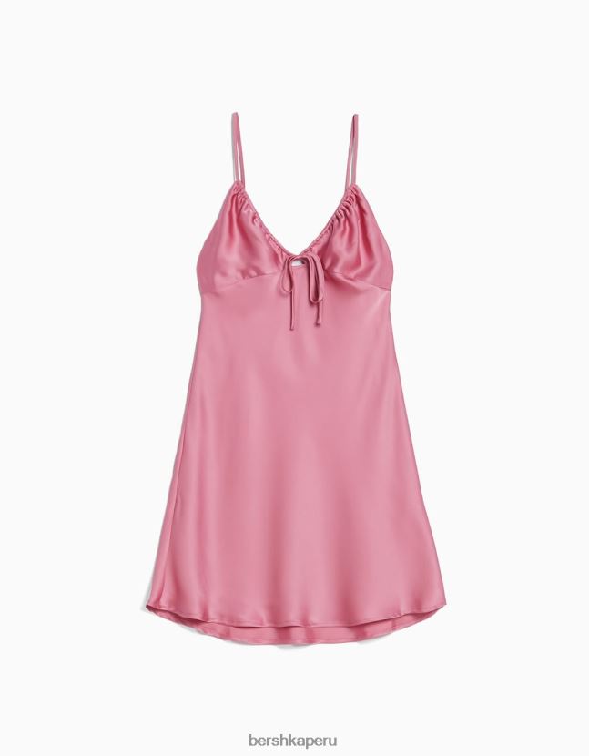 rosa Bershka mujer minivestido fluido de satén con tiras y frunces 806J6B4110