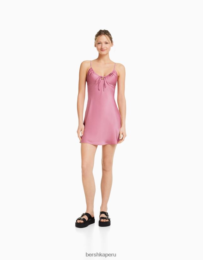 rosa Bershka mujer minivestido fluido de satén con tiras y frunces 806J6B67