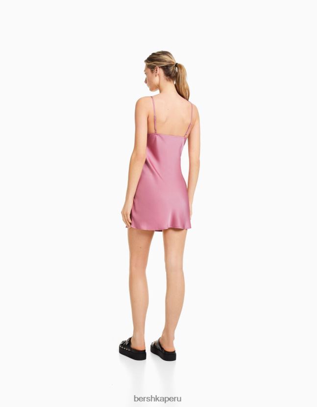 rosa Bershka mujer minivestido fluido de satén con tiras y frunces 806J6B67
