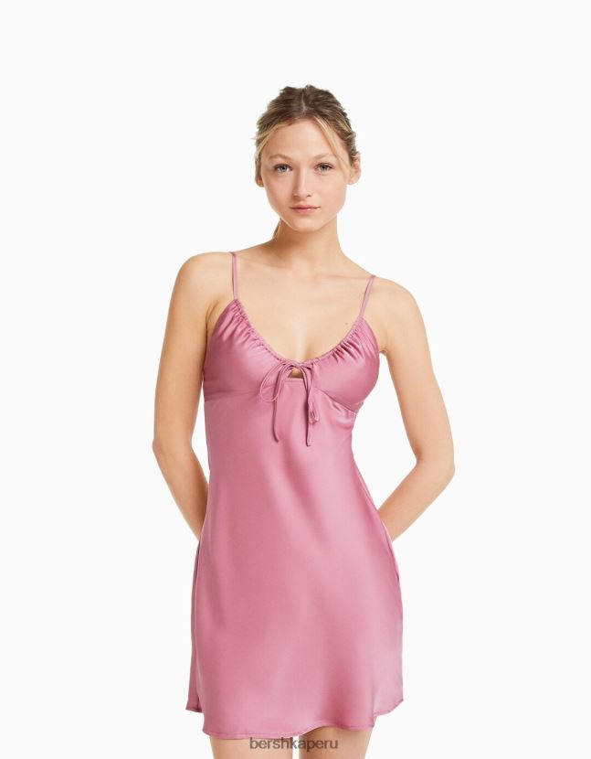 rosa Bershka mujer minivestido fluido de satén con tiras y frunces 806J6B67