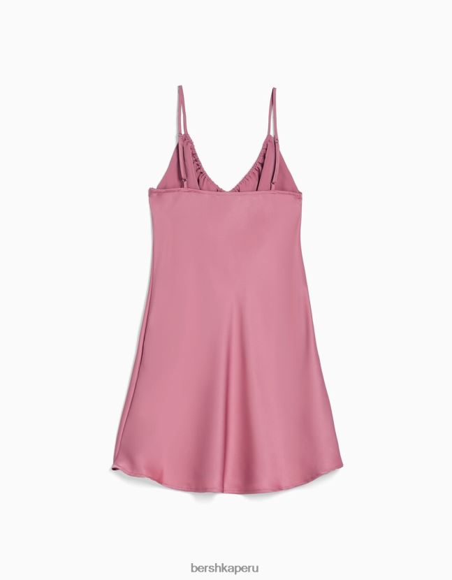 rosa Bershka mujer minivestido fluido de satén con tiras y frunces 806J6B67