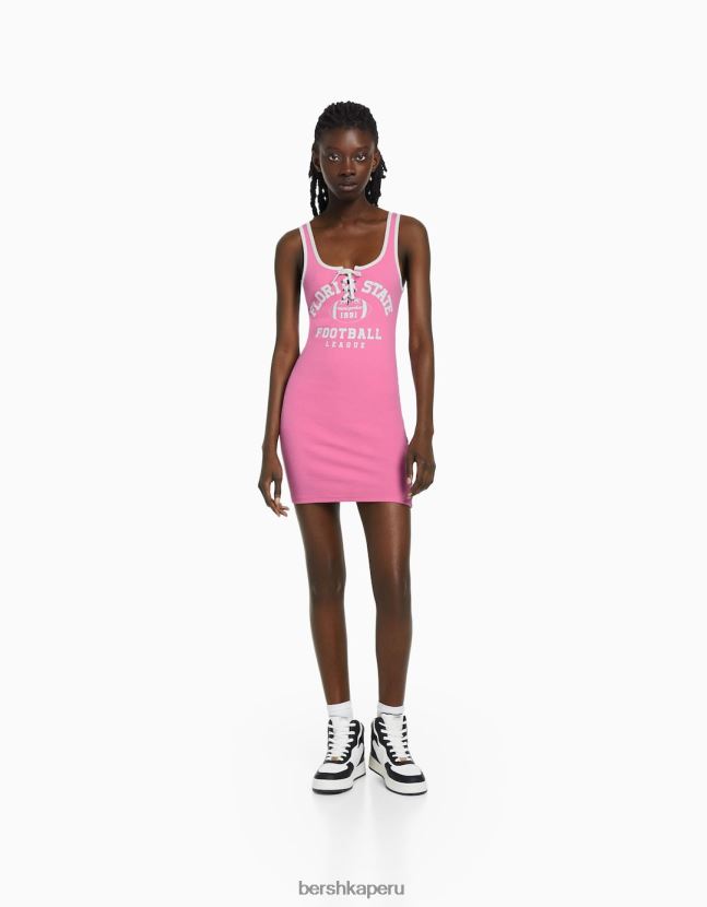 rosa Bershka mujer vestido corto de canalé con tiras estampadas 806J6B276