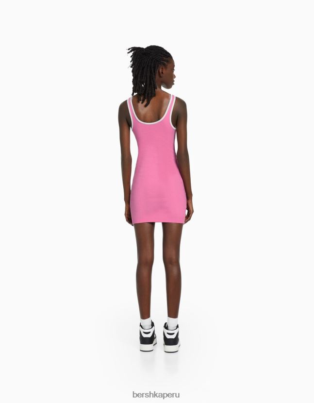 rosa Bershka mujer vestido corto de canalé con tiras estampadas 806J6B276
